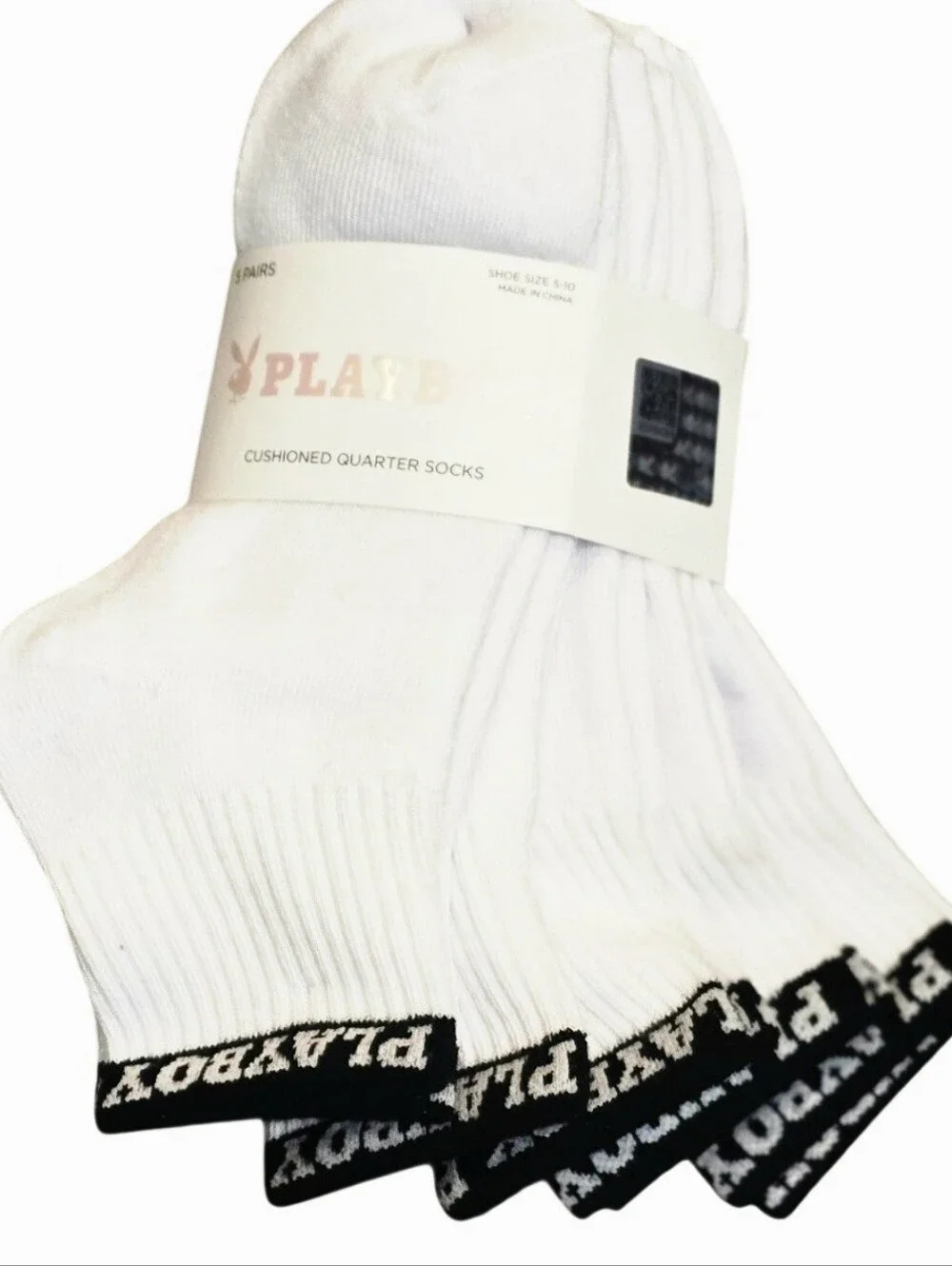 Playboy 5-PK Logo Band Quarter Socks- White